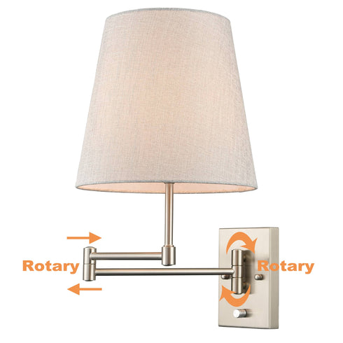 Modern Brushed Nickel Plug-in or hardwired Swing Arm Wall Lamp with Fabric Shade Set of 2